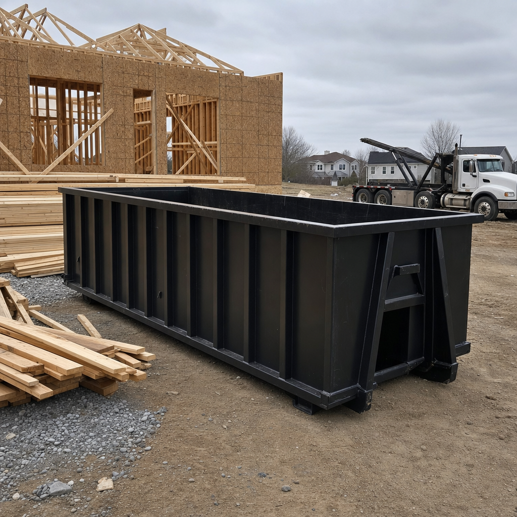 Matte-black 40-yard roll-off dumpster staged on a framed-out residential construction site in Turlock, framing lumber stacked nearby, hooklift delivery truck visible in the background under bright Colorado daylight