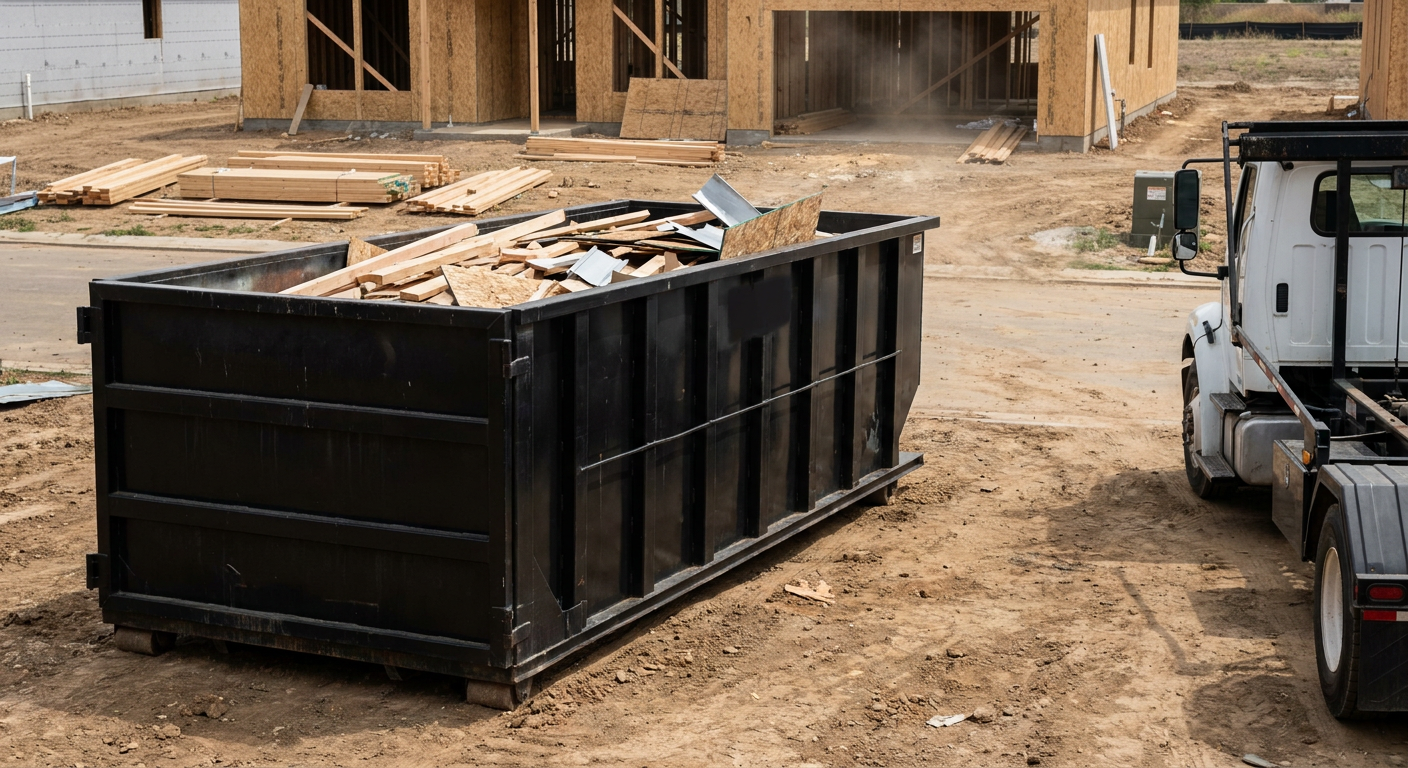 Matte-black 20-yard roll-off construction dumpster with heavy ribbed steel sidewalls and swing rear doors at a working jobsite in Turlock, sitting directly on compacted dirt with an unmarked white hauler partially visible at the far edge of the frame.
