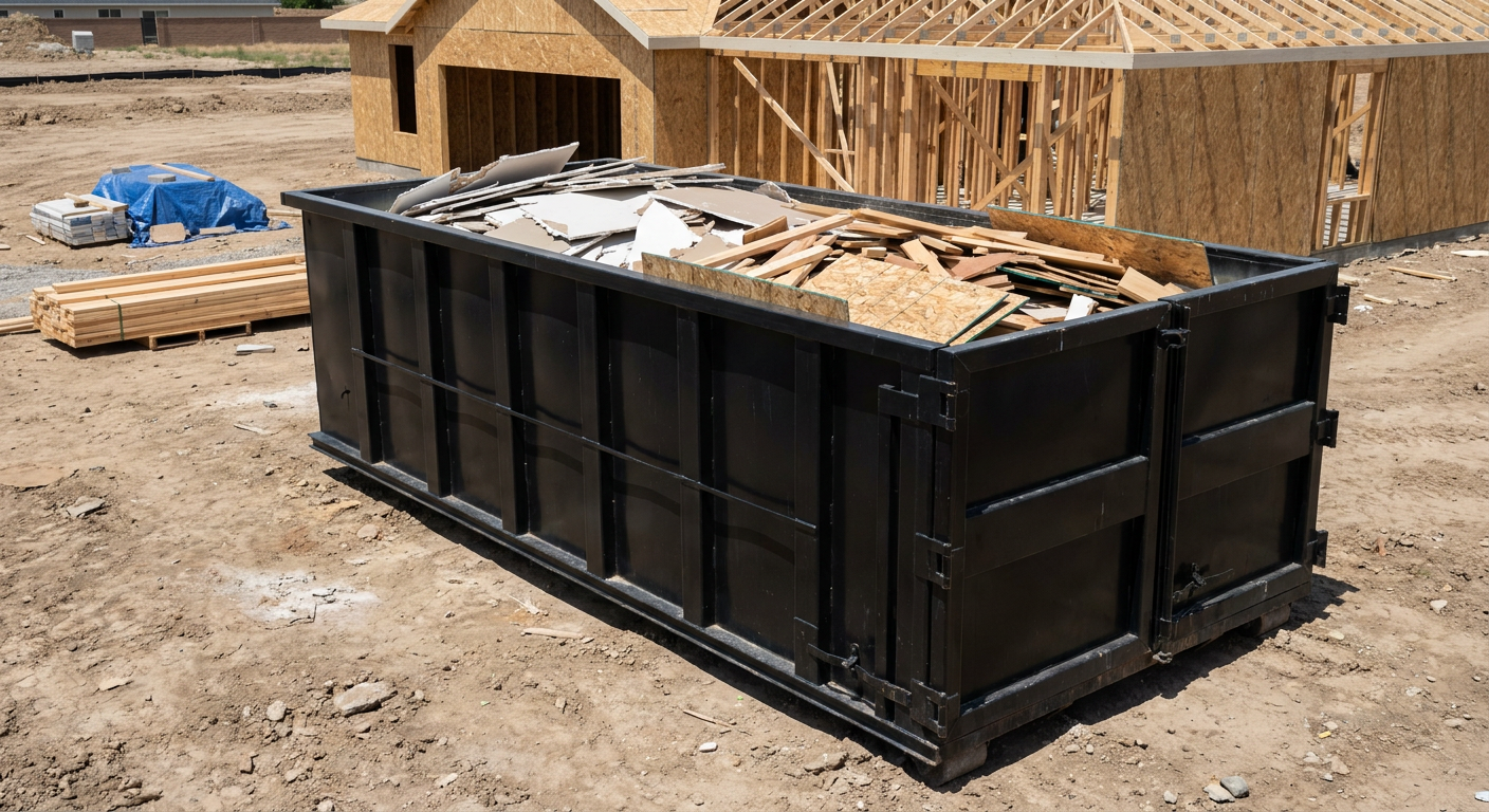 Matte-black 30-yard roll-off construction dumpster sitting directly on the compacted-dirt site of a framed single-family home build in Turlock, drywall and lumber scrap loaded inside.