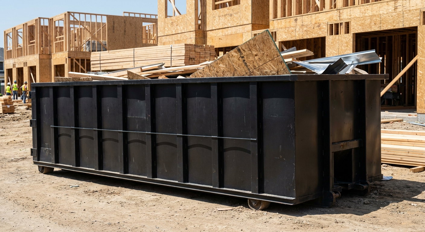 Matte-black 40-yard roll-off construction dumpster being lowered from a white-cab hooklift delivery truck onto the compacted-dirt jobsite at a commercial build site in Turlock