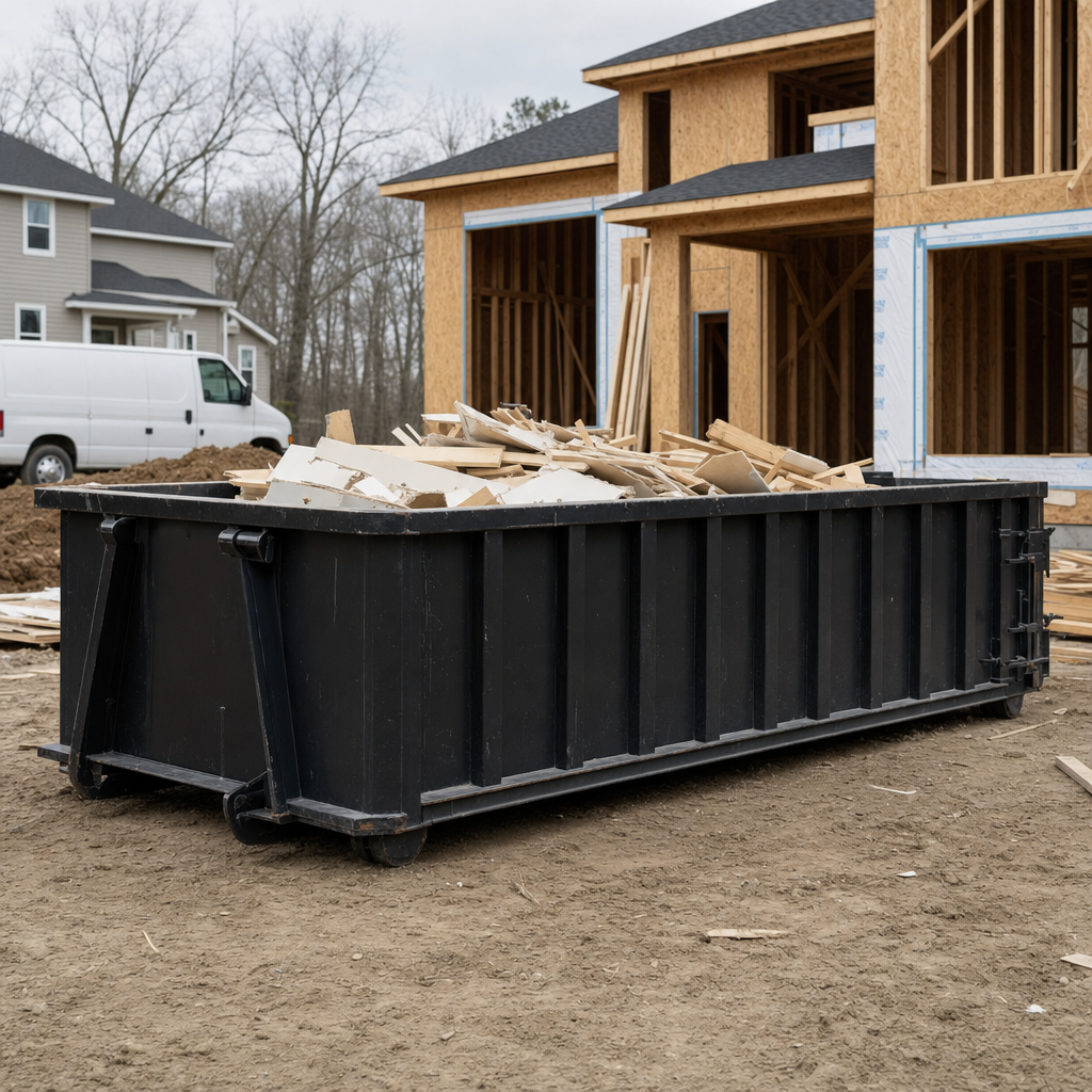 Worker in a yellow high-visibility vest tossing framing lumber and broken drywall into a matte-black 30-yard construction roll-off dumpster on an active build site in Turlock, bright daylight