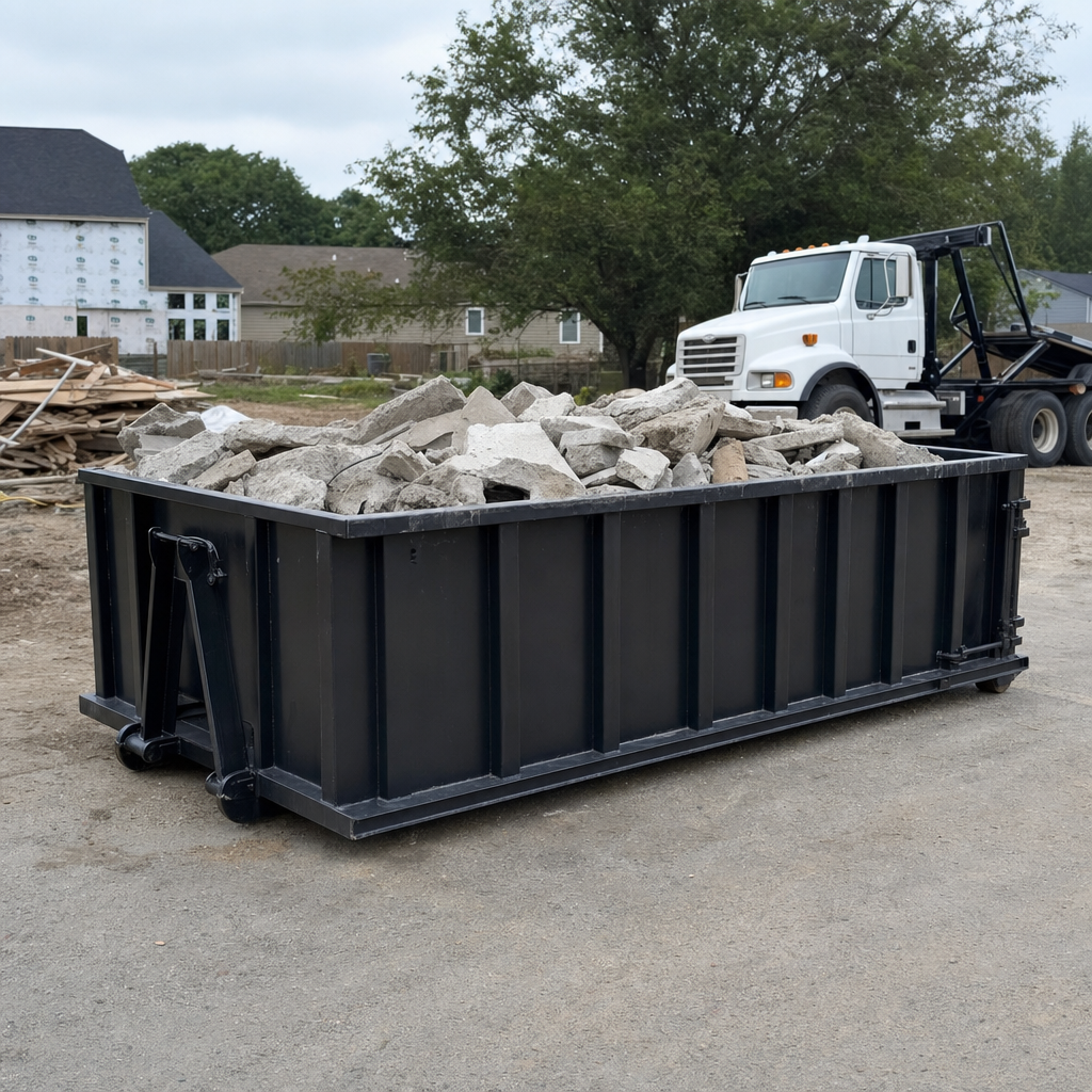 Low-profile matte-black lowboy roll-off dumpster loaded with broken concrete slab and rebar at a foundation tear-out in Turlock, skid steer parked beside it, sunny Colorado morning