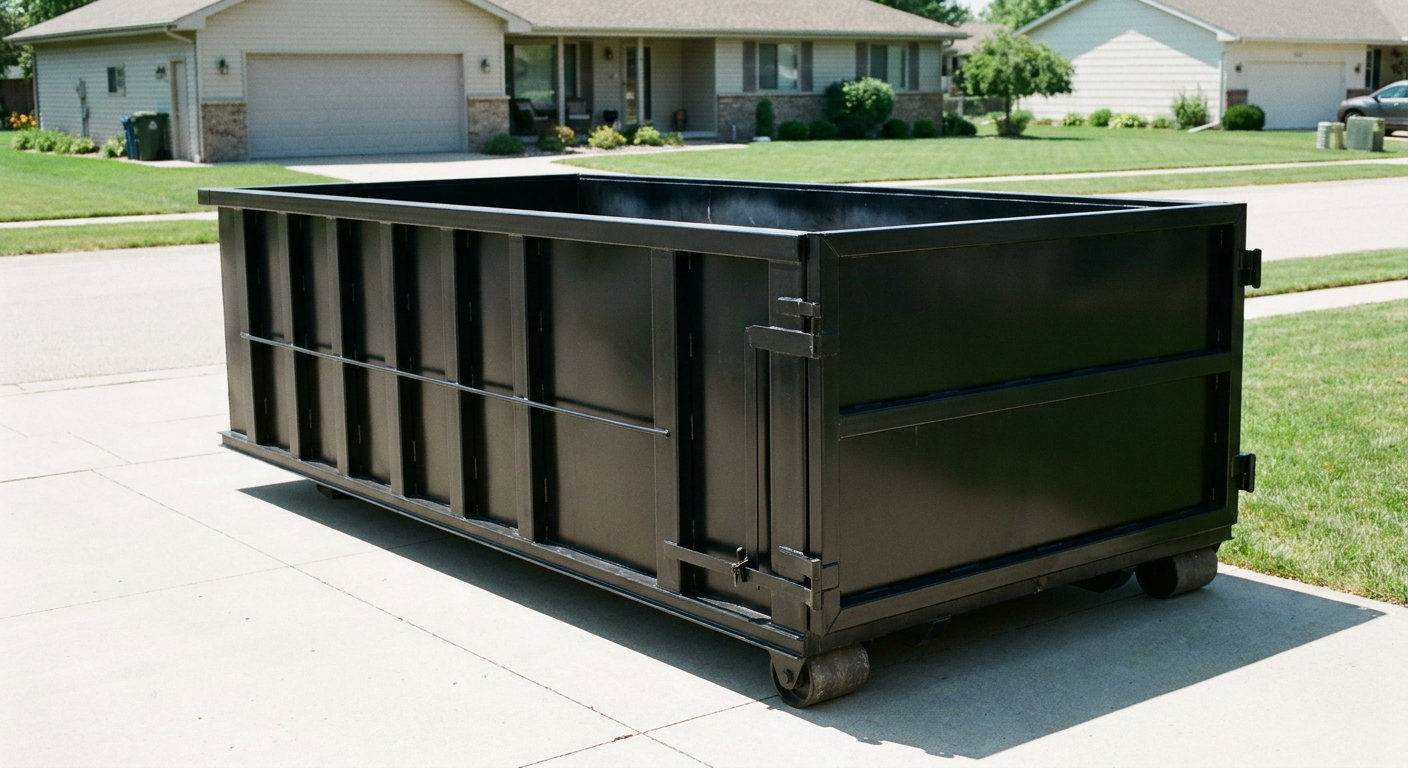 Matte-black 10-yard roll-off dumpster on a residential concrete driveway in Turlock, uniformly painted matte black across every panel and rail, ribbed steel sidewalls and rear swing door visible, mid-day daylight.