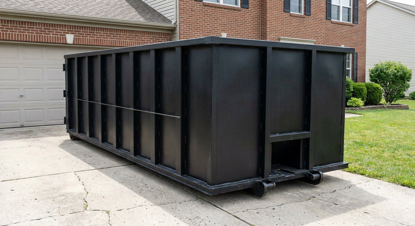 Matte-black 20-yard roll-off container on a Turlock residential concrete driveway with reinforced ribbed steel sidewalls and a hinged rear walk-in door, clean bright daylight.