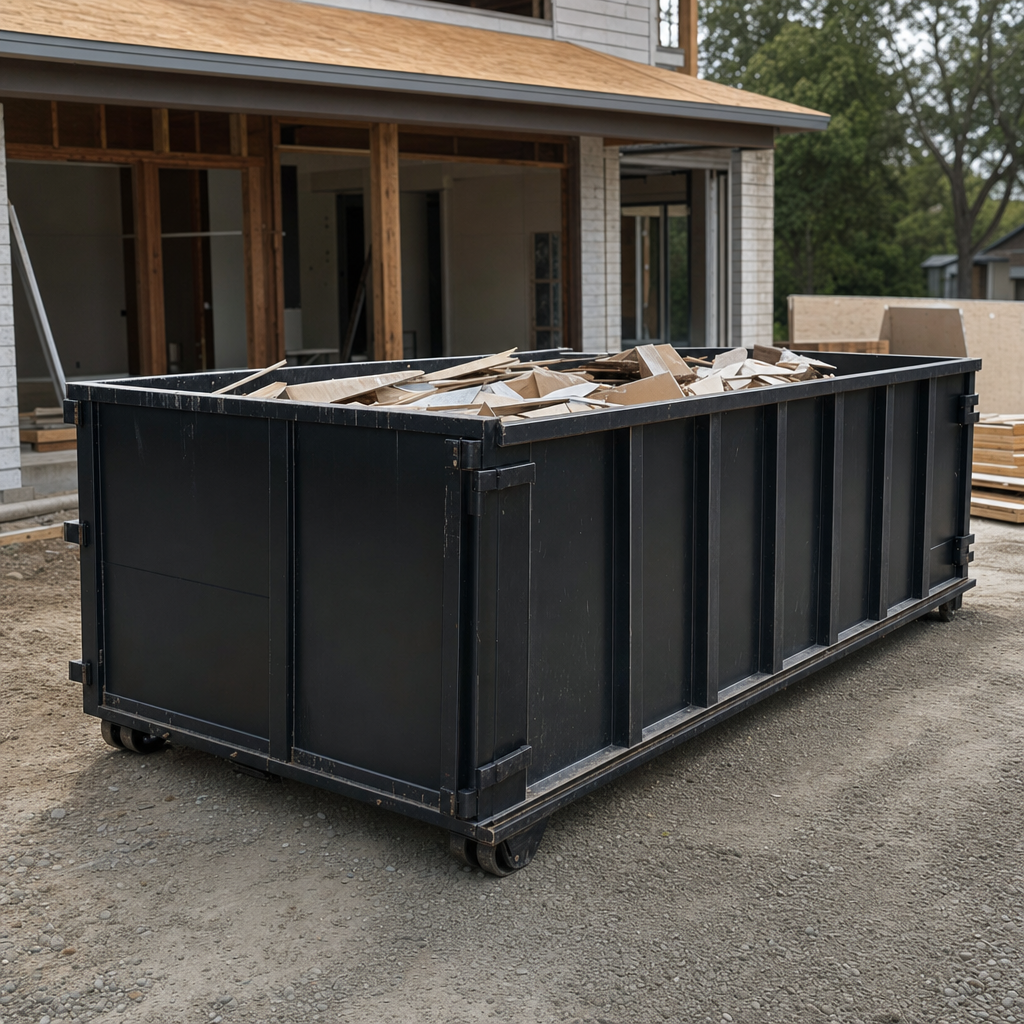 Large matte-black 30-yard construction roll-off dumpster at an active Turlock jobsite, steel-gray top rails and bottom rollers visible, loaded with construction debris.