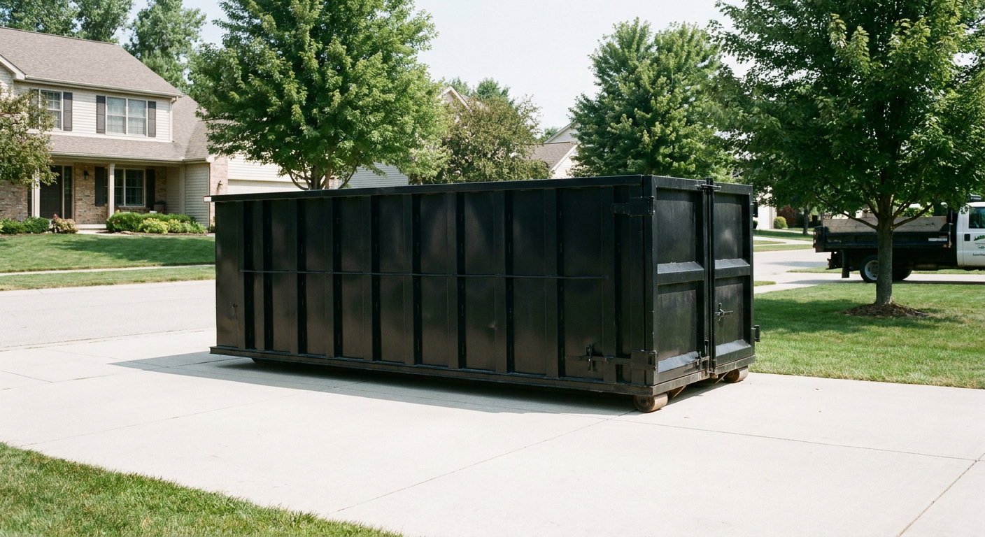 Matte-black 20-yard roll-off dumpster sitting level on a clean Turlock residential concrete driveway under bright daylight, demonstrating clean placement directly on the concrete.
