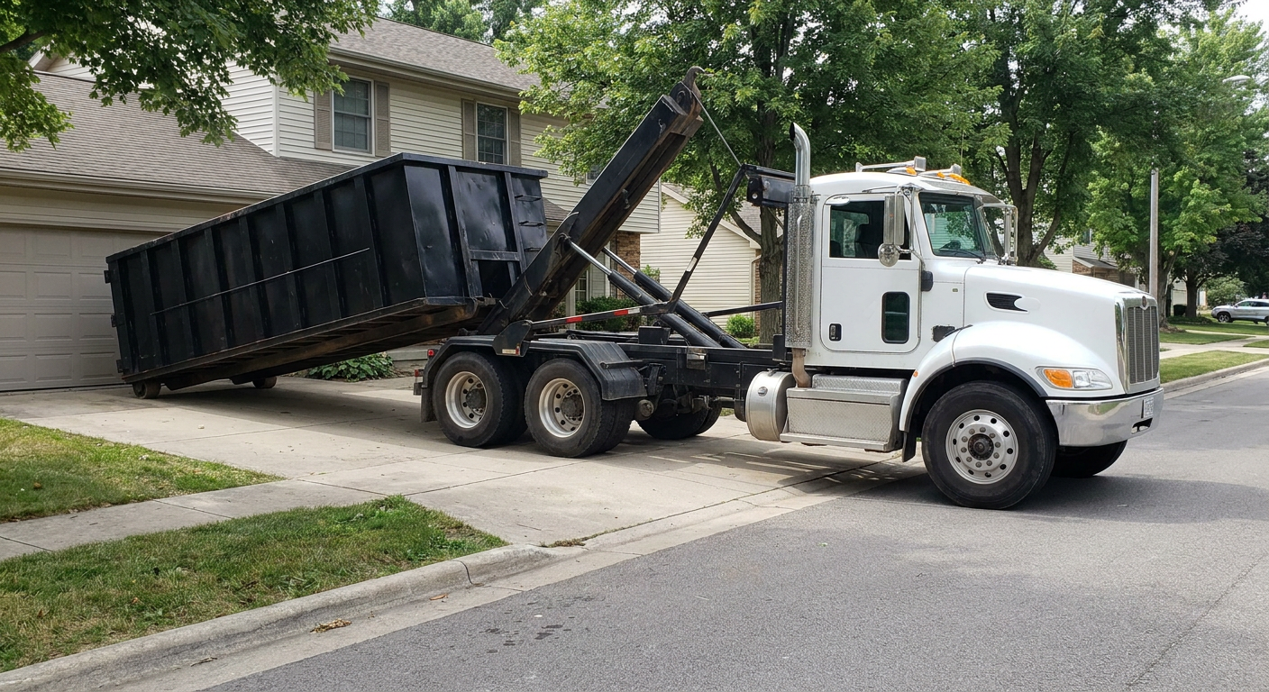 White-cab hooklift roll-off truck actively lowering a matte-black dumpster onto a Turlock residential concrete driveway, the dumpster's rear wheels touching the driveway as the hoist arm tilts the bed forward, mid-morning daylight.