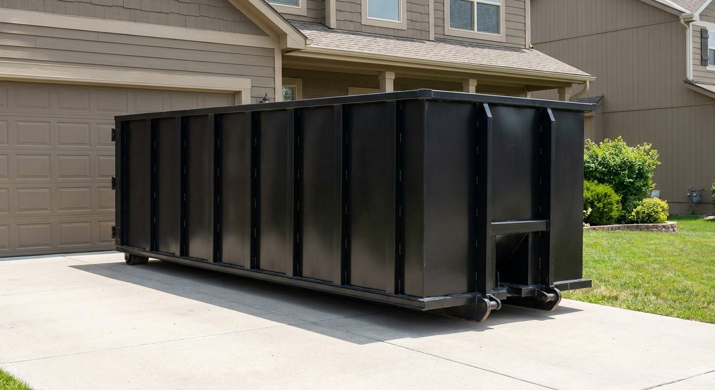 Matte-black residential roll-off dumpster sitting directly on a suburban Turlock concrete driveway, garage door closed, single-family home in background, bright morning daylight.