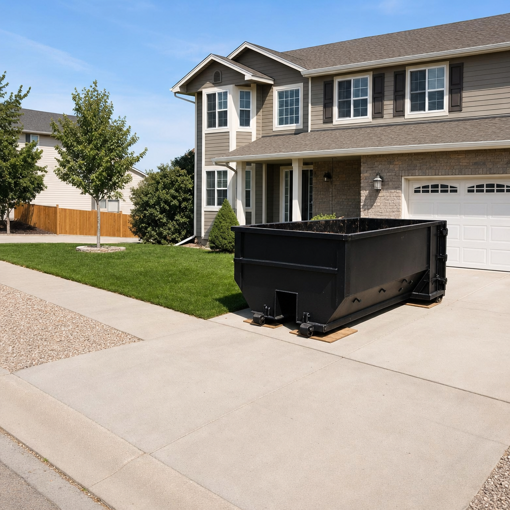 10-yard matte-black residential dumpster placed directly on a narrow Turlock concrete driveway, room remains for a parked sedan beside it, mid-morning natural light