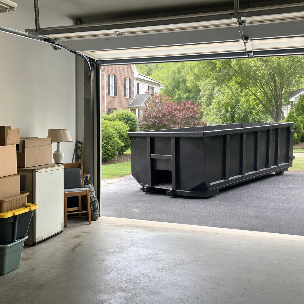 Open garage interior in a Turlock home mid-cleanout — boxed items, an old appliance, and stacked yard tools queued near the driveway for a matte-black roll-off dumpster, organized and calm