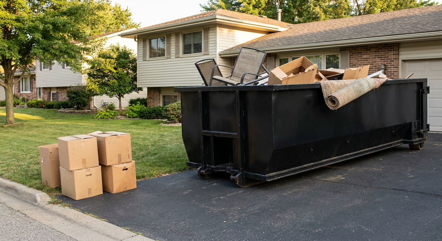 Front-yard view of a Turlock split-level home with a 20-yard matte-black roll-off dumpster sitting directly on the asphalt driveway, a few clearly labeled donation boxes staged at the curb, calm sunny afternoon.