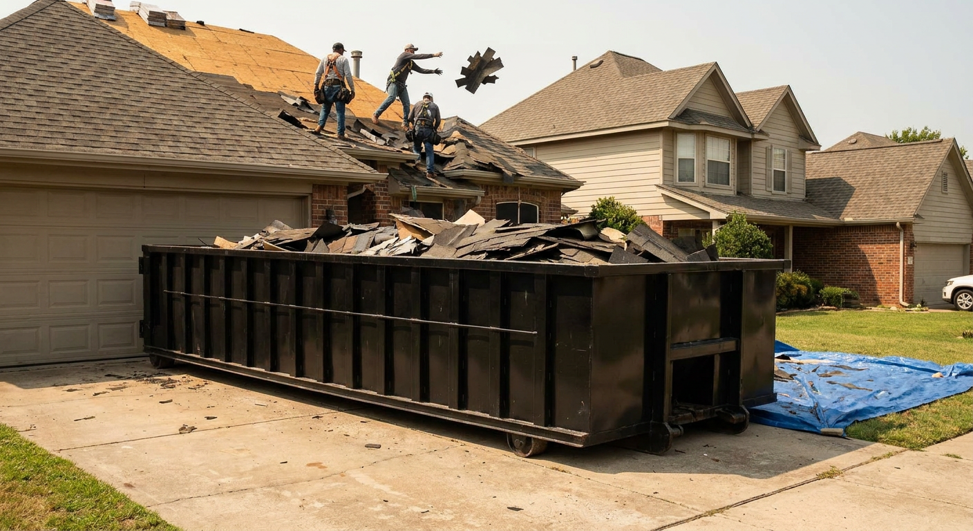 Matte-black roofing roll-off dumpster placed directly on a Turlock residential concrete driveway, a tear-off crew on a two-story asphalt-shingle roof tossing shingle bundles into the low-walled container, bright daylight, documentary 35mm perspective.