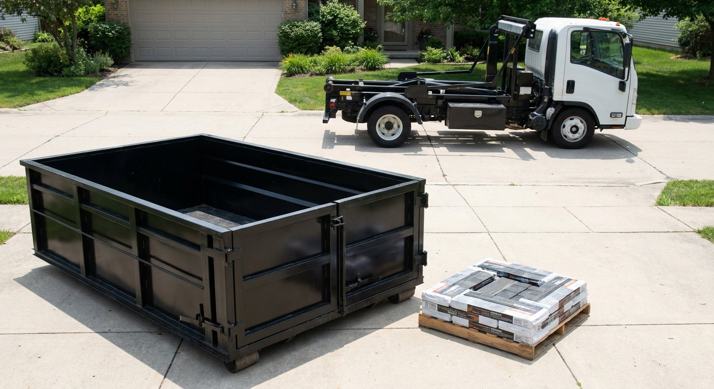 Matte-black 15-yard roofing roll-off dumpster with reinforced low side walls sitting directly on a Turlock residential concrete driveway, three-tab asphalt shingle bundles stacked nearby, an unmarked white hauler truck partially visible at the edge of the frame.