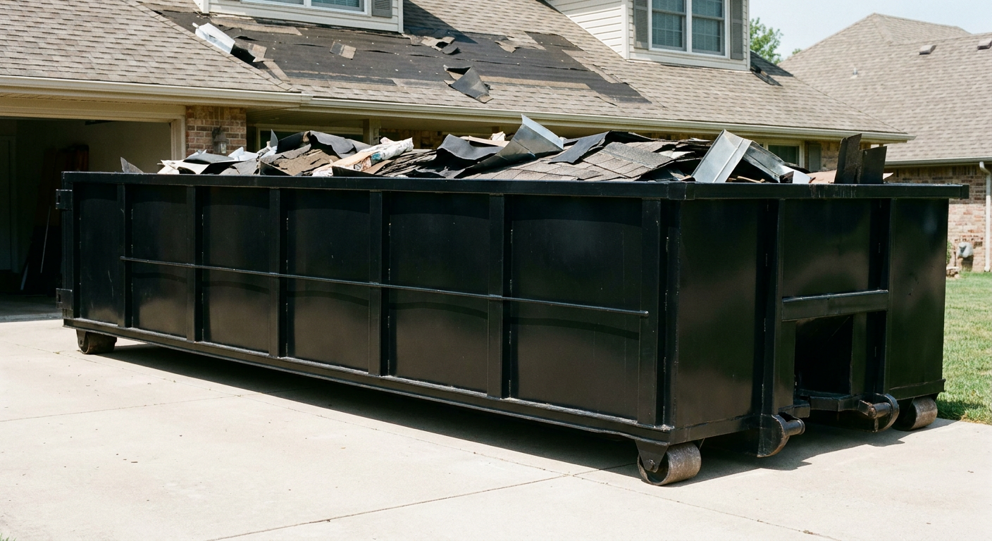 Matte-black 20-yard roofing roll-off dumpster with steel ribbed sides and swinging rear door, sitting directly on the concrete driveway of a two-story Turlock home, asphalt shingle debris being loaded over the low wall, clean documentary lighting.