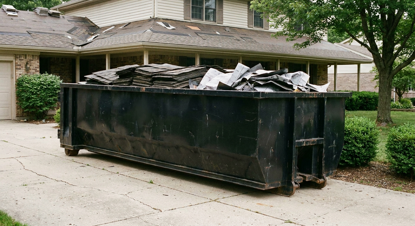 Matte-black 30-yard roofing roll-off dumpster sitting directly on a Turlock concrete driveway, taller ribbed steel side panels, mixed tear-off debris of asphalt shingles and underlayment inside, professional documentary daylight.