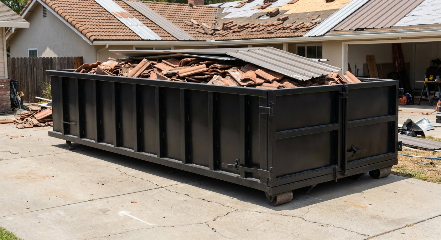 Matte-black low-wall heavy-debris roofing roll-off dumpster sitting directly on a Turlock concrete driveway, broken concrete clay roof tiles and metal panel sections loaded inside, reinforced ribbed steel side walls visible, bright outdoor daylight.