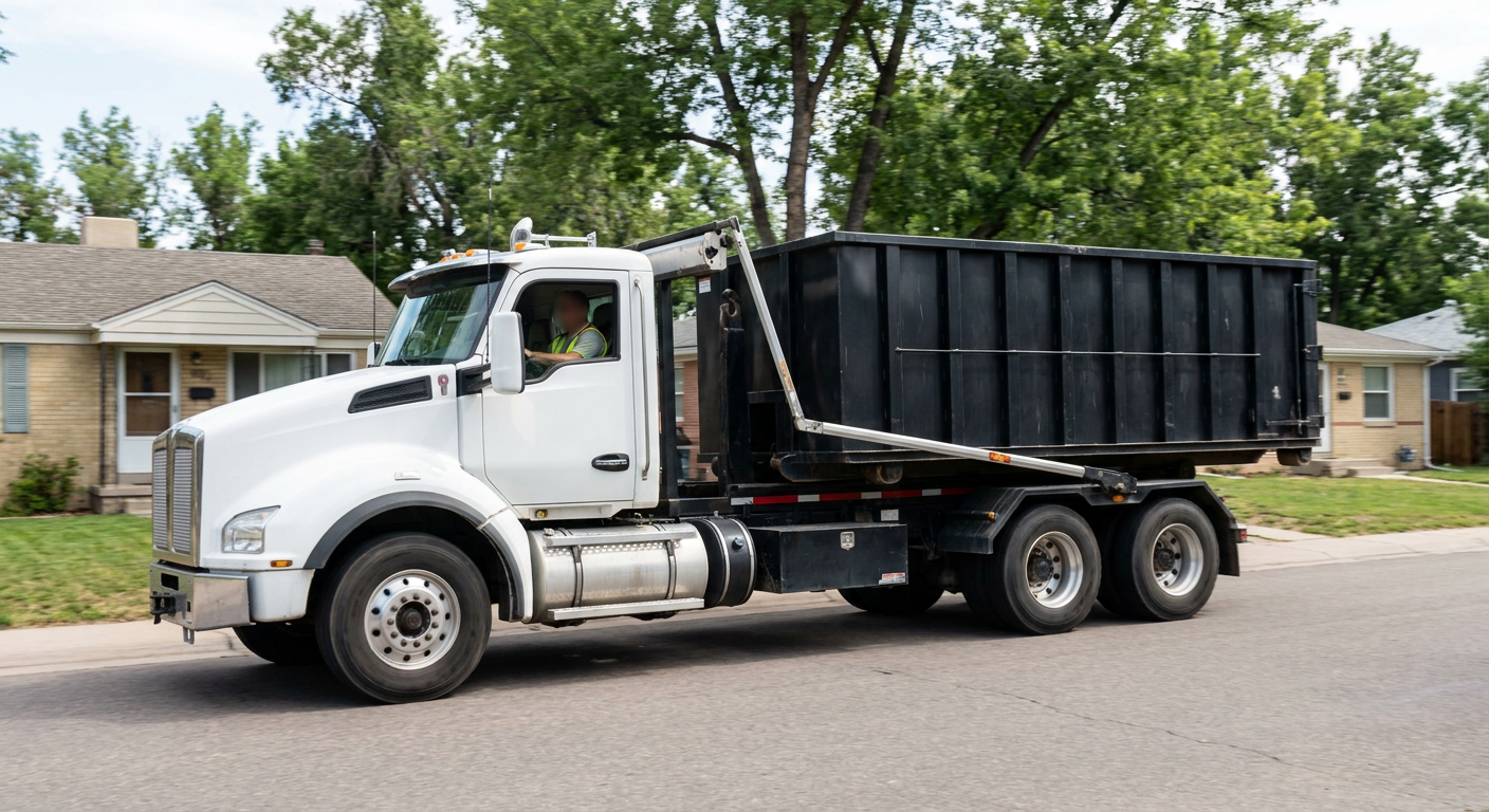 A wide documentary shot of a matte-black roll-off delivery truck pulling onto a quiet Turlock residential street at mid-morning, with neighborhood rooftops and tree-lined blocks visible behind, showing the metro coverage footprint.