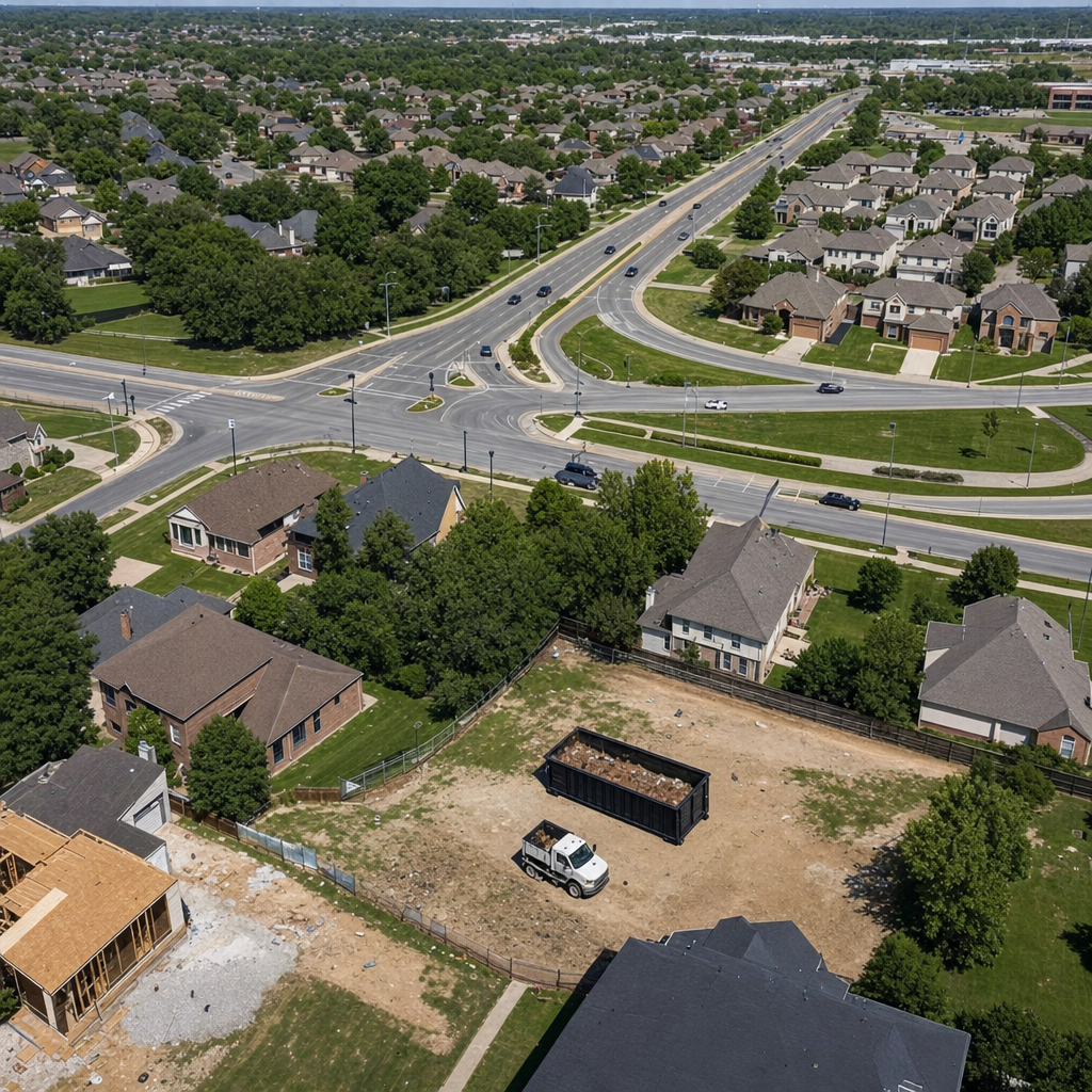 An overhead documentary view of the Turlock metro area at midday, showing the spread of neighborhoods, arterial roads, and the dispatch radius from a central yard — clean daylight, organized geographic layout.