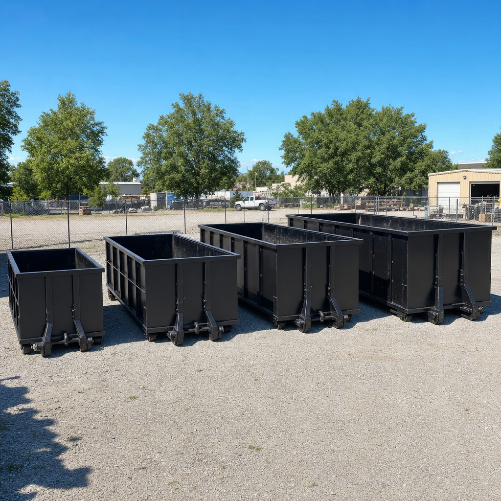 A clean lineup of matte-black roll-off dumpsters in 10, 20, 30, and 40-yard sizes staged on a sunlit gravel yard in Turlock, showing the size progression from compact to commercial-scale containers.