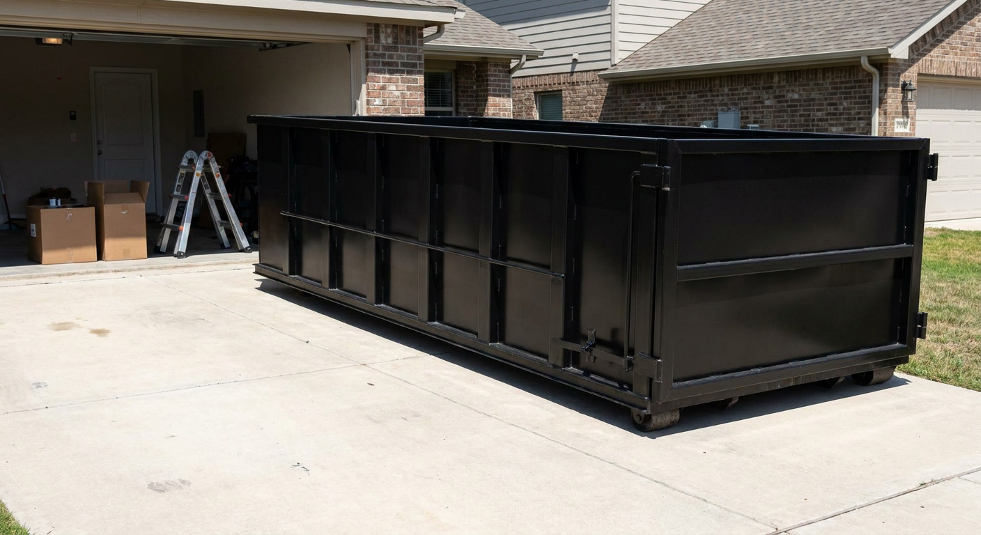 A matte-black 10-yard roll-off dumpster sitting directly on a residential Turlock concrete driveway, mid-day sunlight, clean and ready for a garage cleanout.