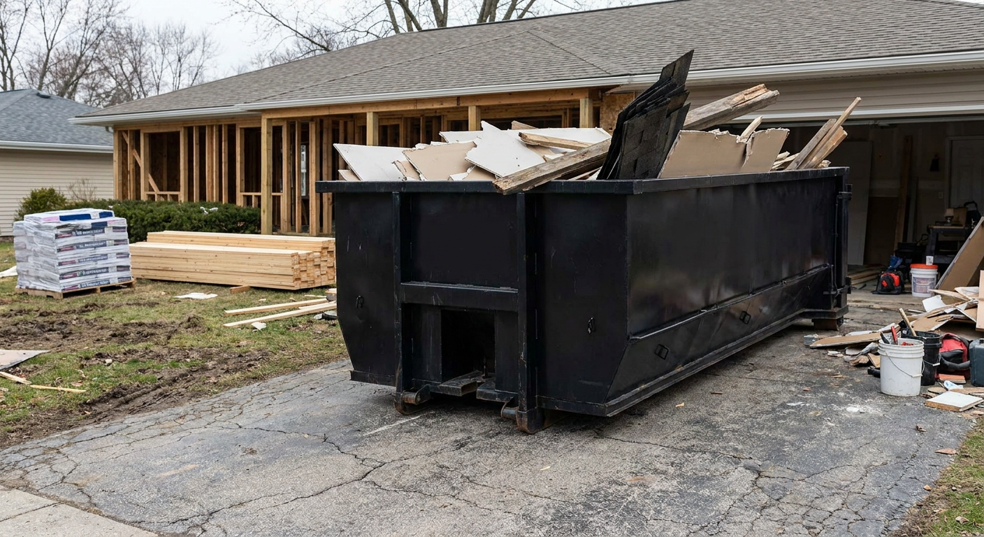 A matte-black 20-yard roll-off dumpster placed alongside a mid-renovation Turlock home directly on the asphalt driveway, with framing materials and torn-off shingles staged neatly nearby.