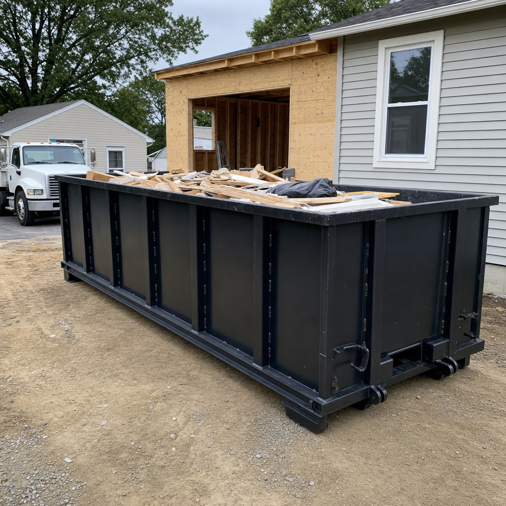 A matte-black 30-yard roll-off dumpster positioned at a Turlock residential addition jobsite, with framing lumber and drywall scraps loaded through the open swinging rear doors.