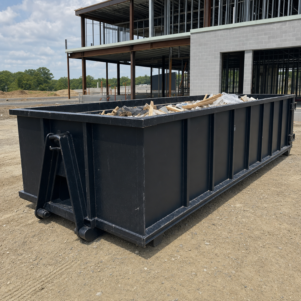 A matte-black 40-yard roll-off dumpster staged on a large Turlock commercial construction lot, with a hooklift delivery truck parked alongside under bright midday sky.