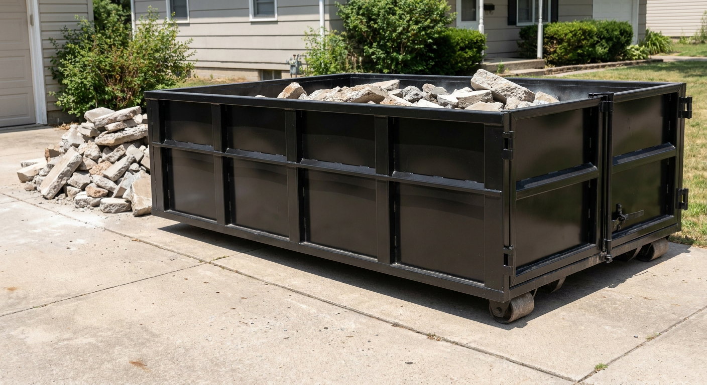 A matte-black low-side heavy-debris roll-off dumpster placed directly on a Turlock concrete driveway, with broken concrete chunks neatly stacked beside it under clean daylight.